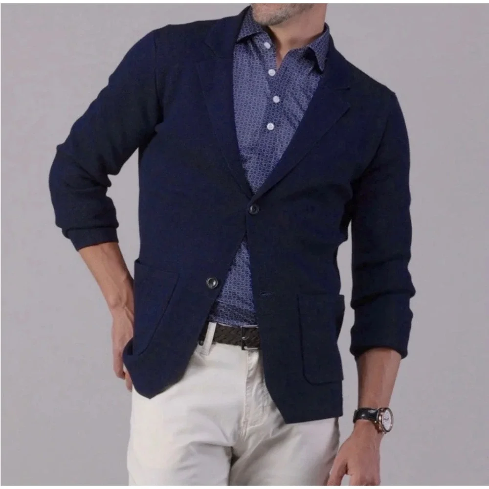 Collars & Co Mens Small Luxury Knit Blazer Navy Blue Merino Wool NWT